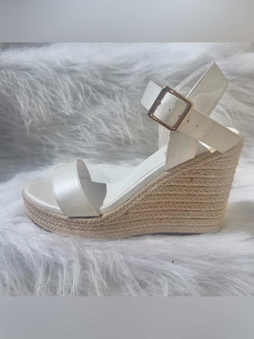Women's White Espadrille Wedge Sandals with Ankle Strap